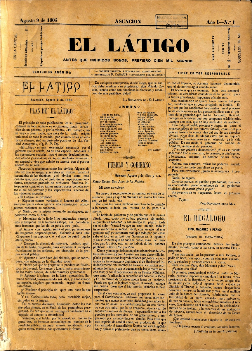 El Látigo Agosto 1885-portada